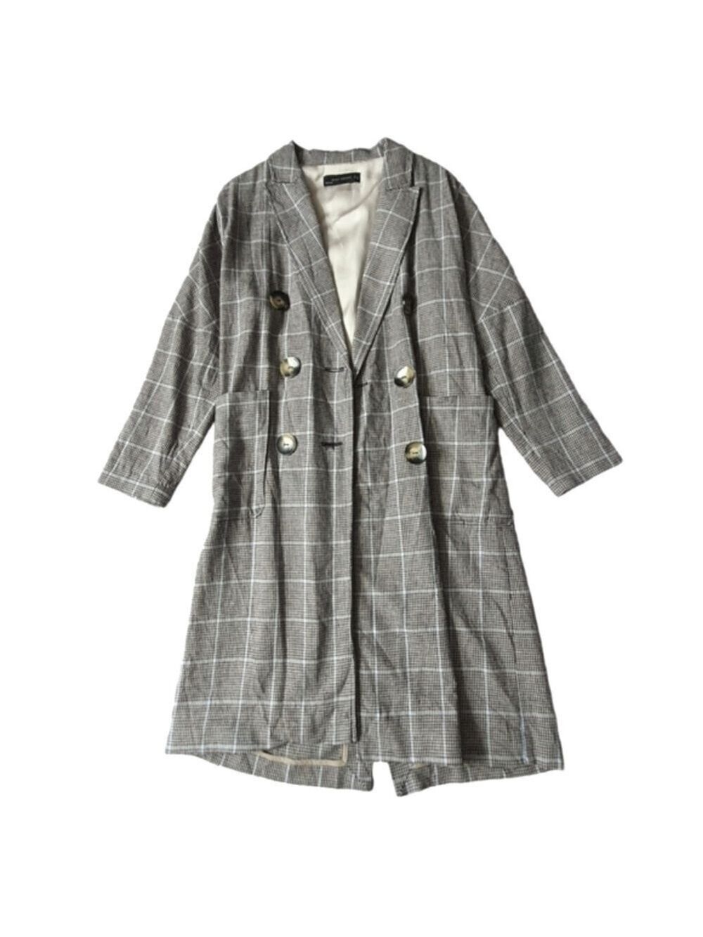 Zara Long Houndstooth Plaid Coat Jacket Grey Womens S Oversized Double Breasted